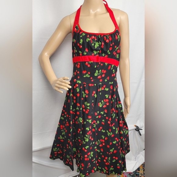 Cherry Print Black Halter Dress #1281 - Picture 2 of 13